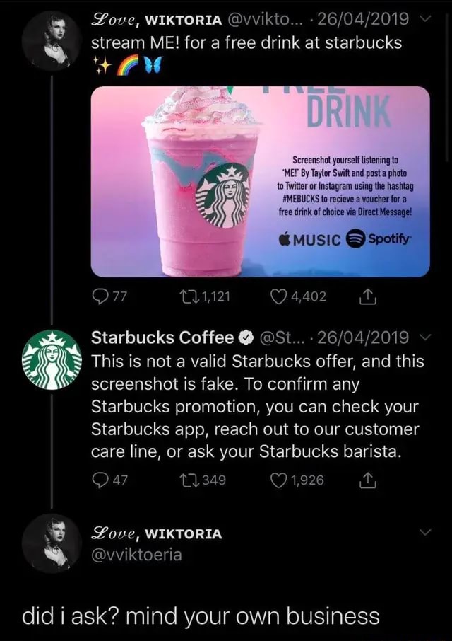 Love, WIKTORIA @vvikto... - stream ME! for a free drink at starbucks  Screenshot yourself listening to 'MET By Taylor Swift and posta photo to  Twitter or instagram using the hashtag #MEBUCKS to