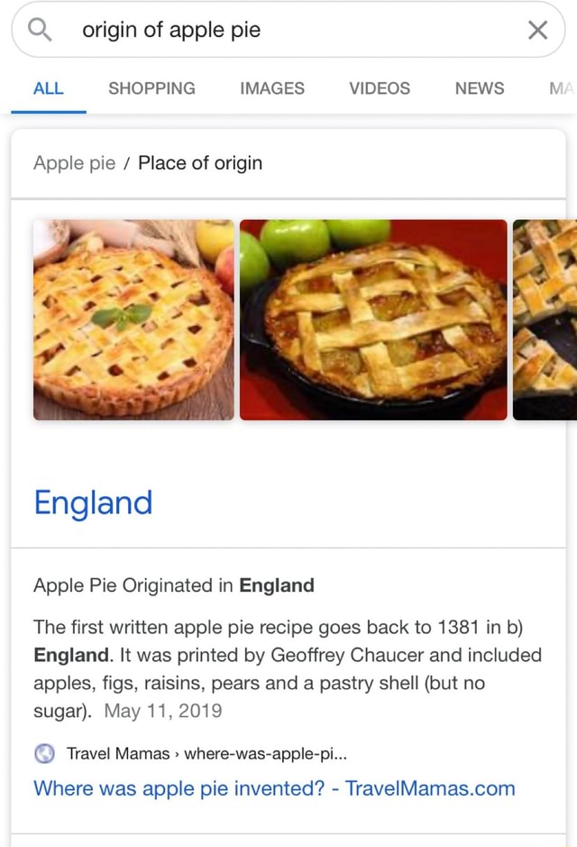 Origin of apple pie ALL SHOPPING IMAGES VIDEOS NEWS Apple pie / Place of origin England Apple