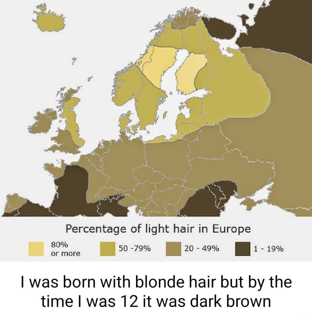 80% or more Percentage of light hair in Europe 50-79% 20-49% - 19% I was  born with blonde hair but by the time I was 12 it was dark brown 