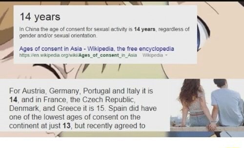 14 Years In China The Age Of Consent Sexual For Saxual Onentaton Activity Is 14 Years Regardless Of Djonder Anior Sexual Onentaton Ages Of Consent In Asia Wikipedia The Free Encyclopedia