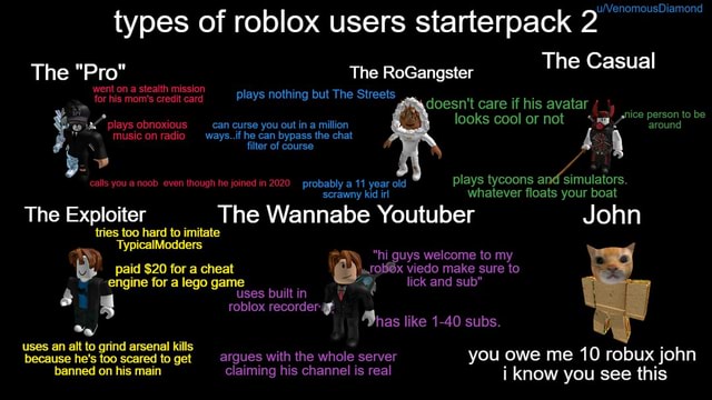 Types Of Roblox Users Starterpack 2 The Casual The Pro The Rogangster Went On A Stealth Mission His Mom S Credit C Lays Nothing But The Streets For His Mom S Credit Card Doesn T - roblox how to bypass filter