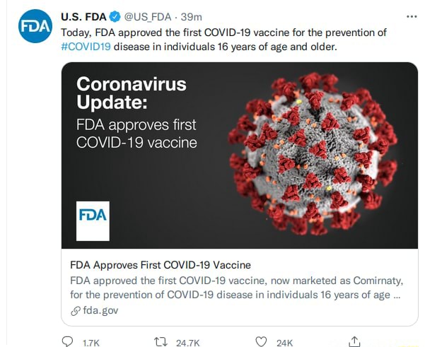 US FDA @ @US FDA Today, FDA approved the first COVID-19 vaccine for the ...