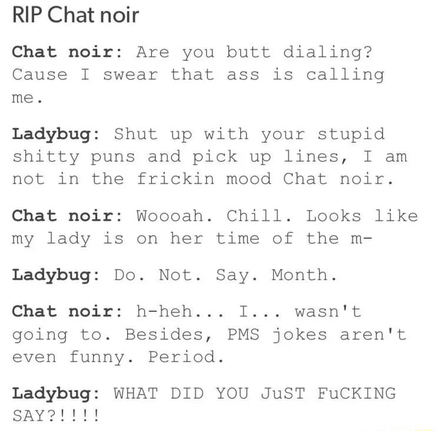 Ripchat Noir Chat Noir Are You Butt Dialing Cause I Swear That Ass Is Calling Me Ladybug Shut Up With Your Stupid Shitty Puns And Pick Up Lines I Am Not In