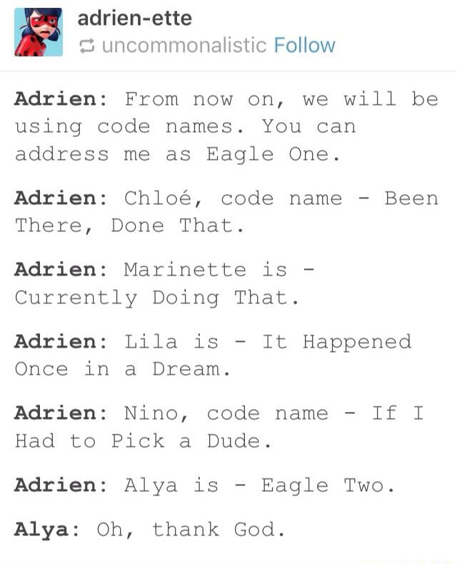 Adrien Ette Adrien From Now On We Will Be Using Code Names You Can Address Me As Eagle One Adrien Chloe Code Name Been There Done That Adrien Marinette Is Currently
