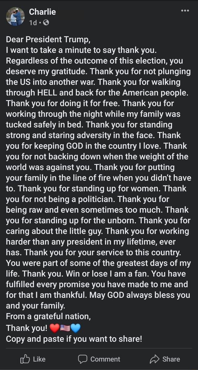 Stand Up Take My People With Me Charlie id-@ Dear President Trump, want to take a minute to say thank
