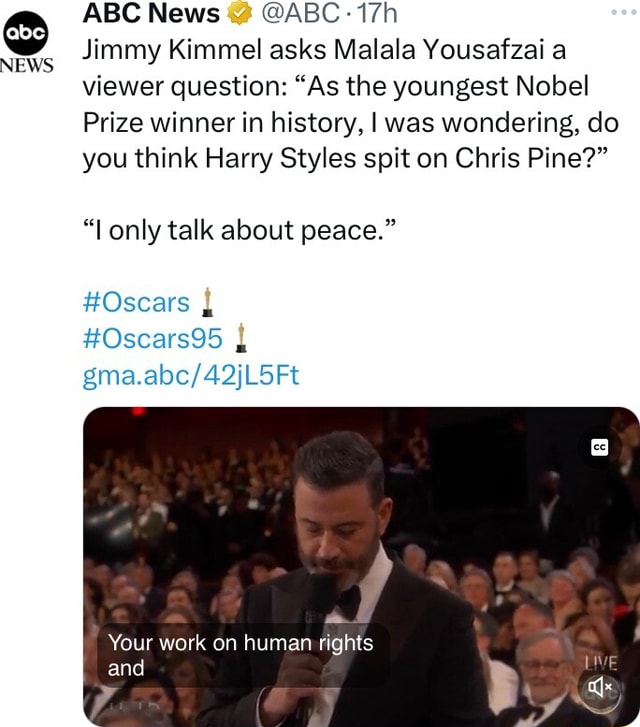 ABC News ABC Jimmy Kimmel asks Malala Yousafzai a viewer question "As