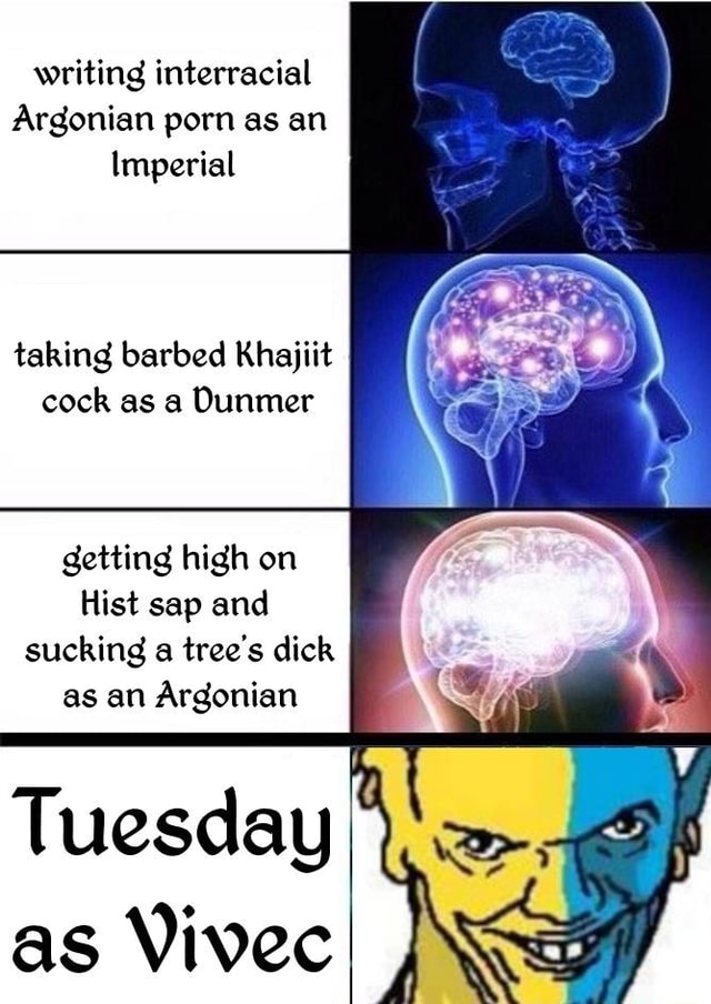 Argonian Dunmer Porn - Writing interracial Argonian porn as an Imperial taking barbed Khajiit cock  as a Dunmer getting high on Hist sap and sucking a tree's dick as an  Argonian Tuesday - iFunny