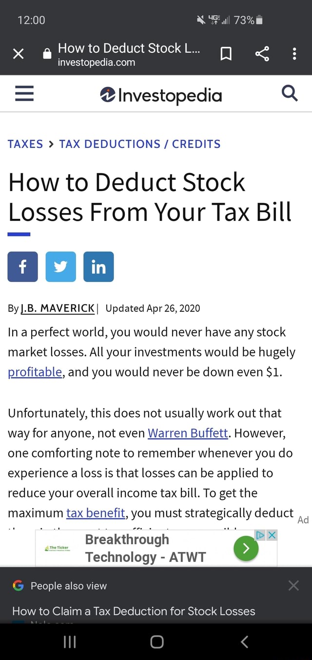 F Ull 73% How To Deduct Stock L... Investopedia Q TAXES TAX DEDUCTIONS ...