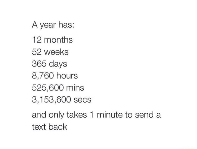 A Year Has 12 Months 52 Weeks 365 Days 8 760 Hours 525 600 Mins And Only Takes 1 Minute To Send A Text Back