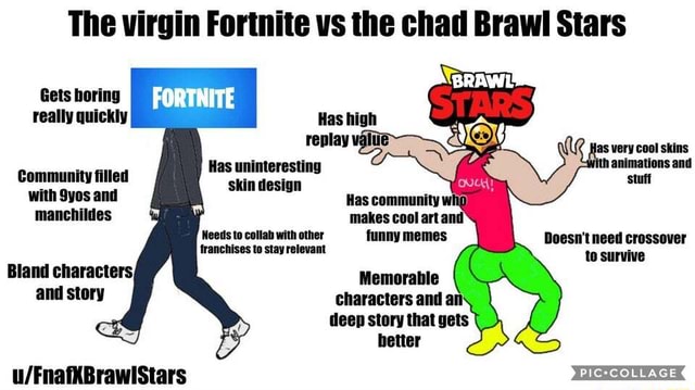 The Virgin Fortnite Vs The Chad Brawl Stars Gets Boring Really Quickly Has High Replay Valiie Has Very Cool Skins With Animations And Community Filled Skin Design Stut With Syos And Has - brawl stars can you replay