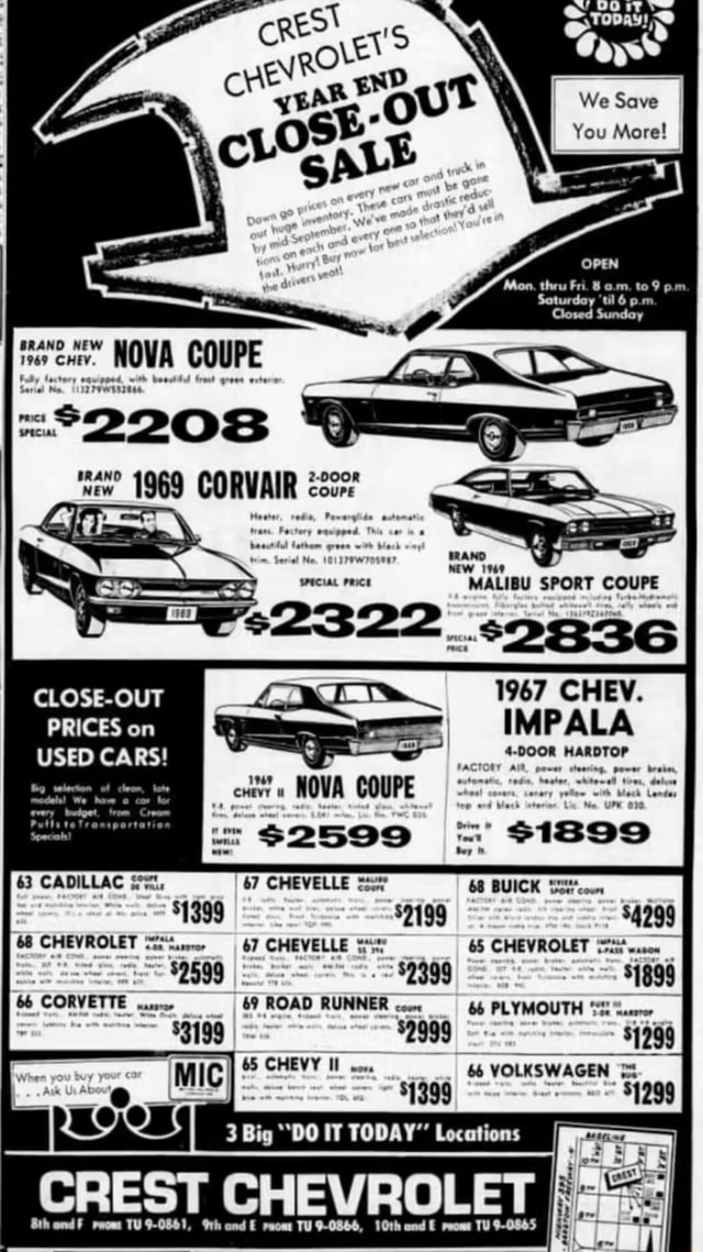 NOVA COUPE 'new 1969 CORVAIR coure SPECIAL PRICE CLOSE-OUT PRICES on ...