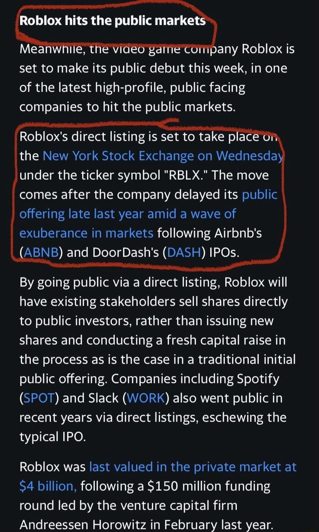 Roblox Hits The Public Markets Meanwhile The Video Game Pany Roblox Is Set To Make Its Public Debut This Week In One Of The Latest High Profile Public Facing Companies To Hit The - roblox ticker symbol
