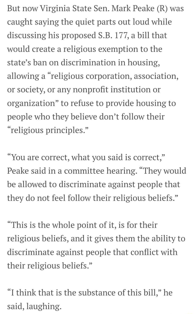 Discrimination based on religious beliefs But now Virginia State Sen