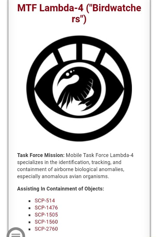 Mtf Lambda 4 Birdwatche Rs Task Force Mission Mobile Task Force Lambda Speclahzes M The Menlwﬁcanon Trackmg And Comamment Of Airborne Mulogmal Anomahes Espemauy Anoma Ous Awan Orgamsms Assisting In Containment Of Objects