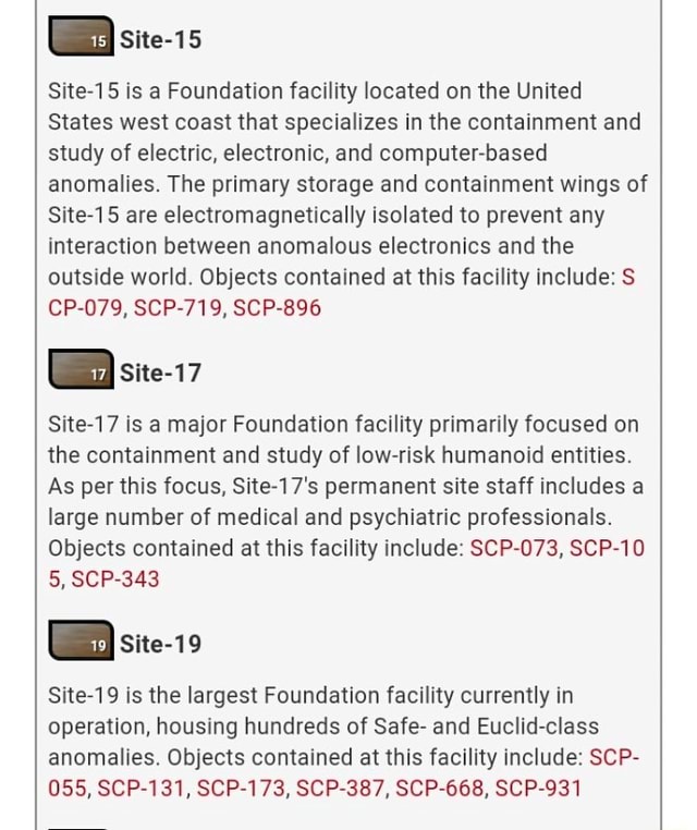 Site 1s Is A Foundation Facility Located On The United States West Coast That Specializes In The Containment And Study Of Electric Electronic And Computer Based Anomalies The Primary Storage And Containment Wings Of