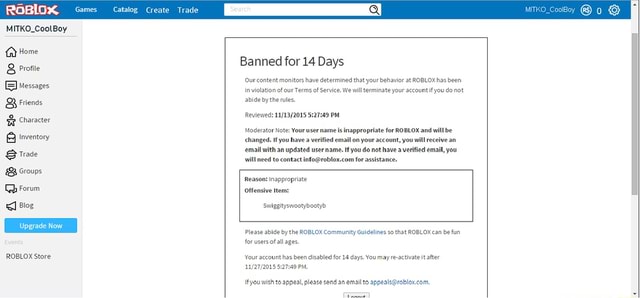 Banned In Roblox Eluessages Y Fiens Character Es Nventory Roblox Store Our Content Monitors Have Determined That Your Behavior At Roblox Has Been Invitation Of Our Terms Of Service We Wil - the name is moderated roblox
