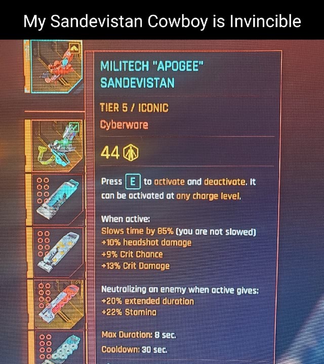 My Sandevistan Cowboy Is Invincible MILITECH APOGEE SANDEVISTAN TIER   1d9da7ca83e1d0d55d30d38448786440672b4d5bd6f9a0dba40b0502655d8e17 1 