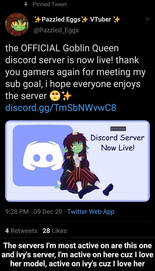 Pinned Tweet Eggs The Official Goblin Queen Discord Server Is Now Live Thank You Gamers Again For Meeting My Sub Goal I Hope Everyone Enjoys The Server Everyone Discord Server Now