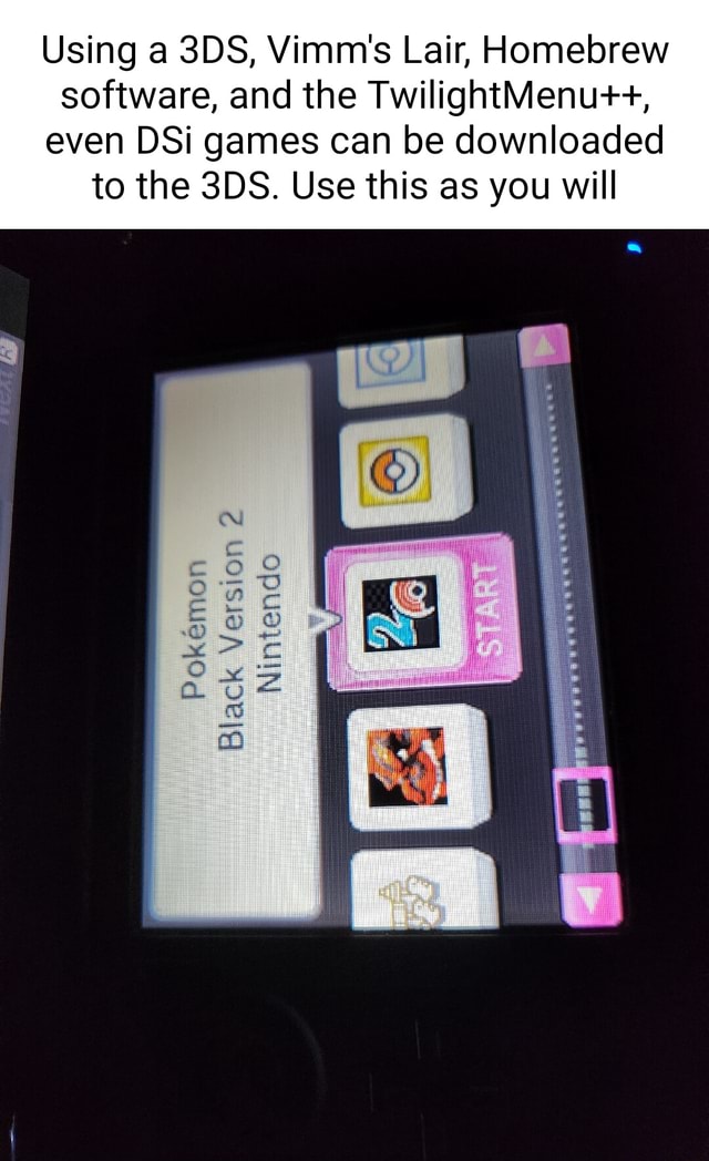 Using a Vimm s Lair Homebrew software and the TwilightMenu even DSi games can be downloaded to the Use this as you will Nintends iFunny