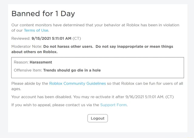Banned for 1 Day Our content monitors have determined that your