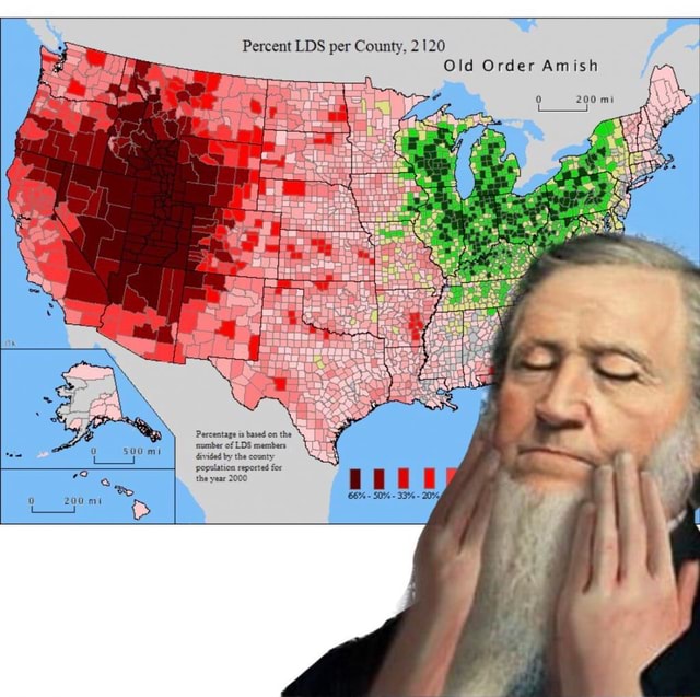 Percent LDS per County, 2120 Old Order Amish 200 mi Percentage is based