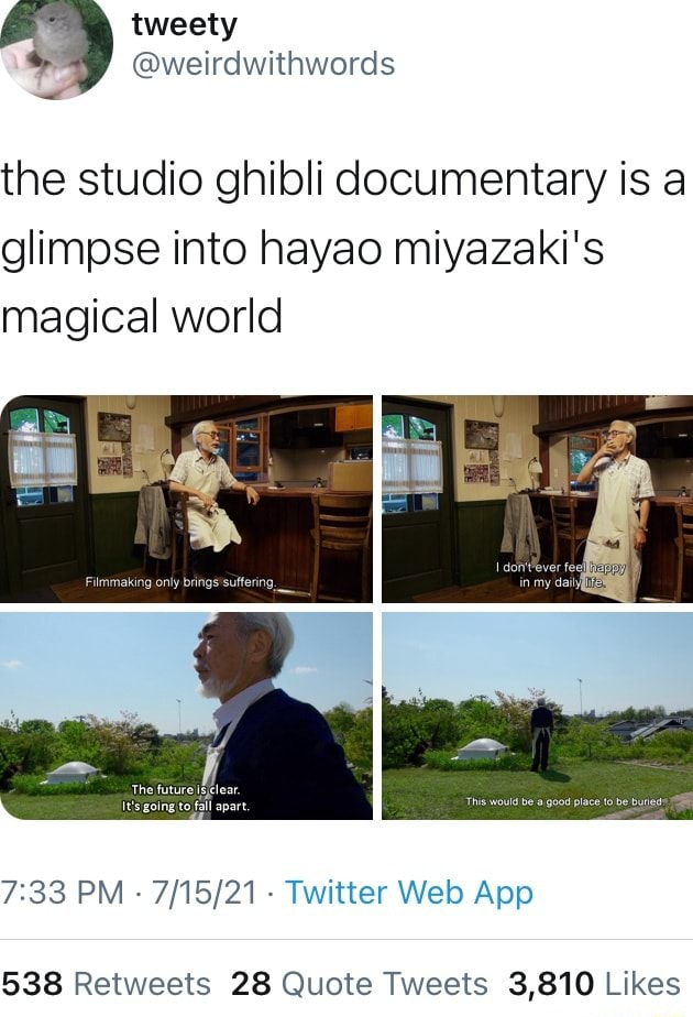 The studio ghibli documentary is a glimpse into hayao miyazaki's magical  world PM Twitter App 538 Reteets 28 Quote Tveets 3,810 Likes - iFunny Brazil