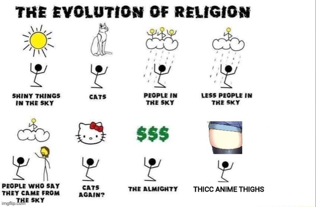 THE EVOLUTION OF RELIGION mm G &S &b SHINY THINGS IN THE SKY sKy THEY ss  THE ALMIGRTY THICC ANIME THIGHS 