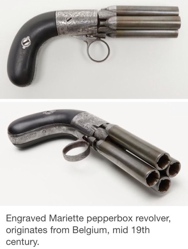 Engraved Mariette pepperbox revolver, originates from Belgium, mid 19th ...