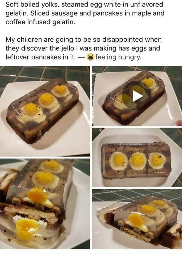 Soft boiled yolks, steamed egg white in unflavored gelatin. Sliced