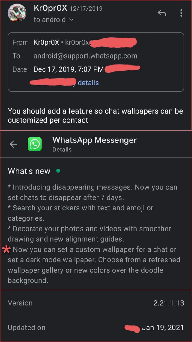 Kroproxxx To Android V From Kroprox To Date Dec 17 19 Pm Details You Should Add A Feature So Chat Wallpapers Can Be Customized Per Contact Whatsapp Messenger Details What S New