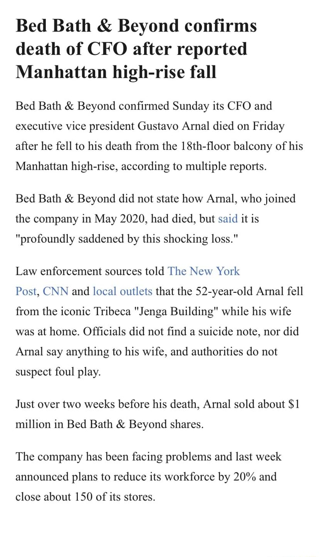 Bed Bath & Beyond confirms death of CFO after reported Manhattan high