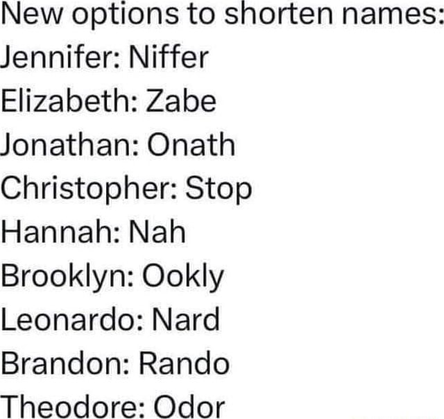 New options to shorten names Jennifer Niffer Elizabeth Zabe Jonathan