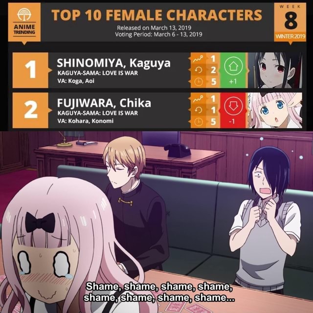 Top 10 Female Characters 8 Anime Released On March 13 19 M Voting Period March 6 13 19 Shi Nomiya Kaguya Kaguya Sama Love Is War Va Koga Aol Fujiwara Chika Kaguva Sama Love