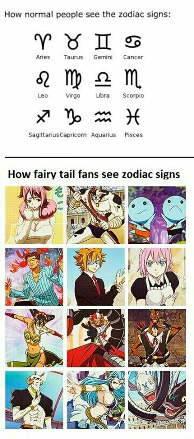 How Normal People See The Zodiac Signs Aries Taurus Gemm Cancer Leo Virgo Libra Scorpco How Fairy Tail Fans See Zodiac Signs