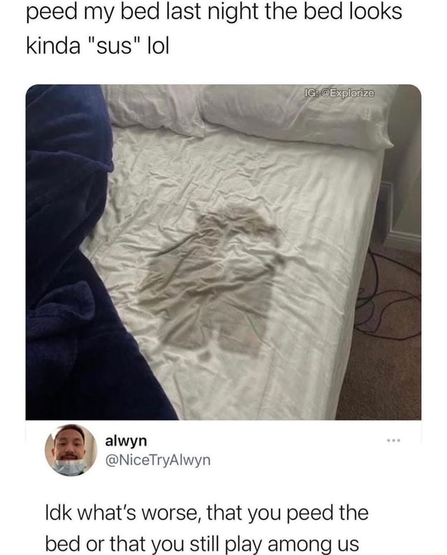 Peed my bed last night the bed looks kinda "sus" lol alwyn