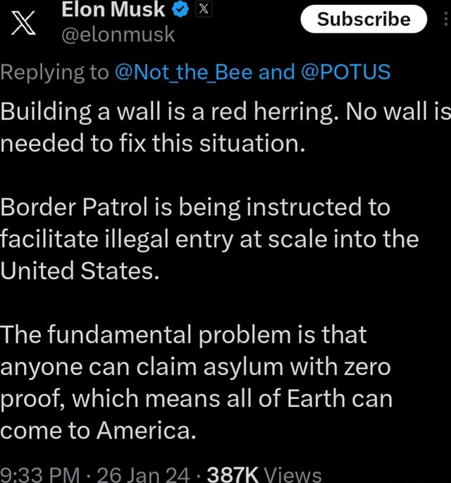 Potus Building Elon Musk @elonmusk Replying to @Not the Bee and @POTUS Building a wall ...