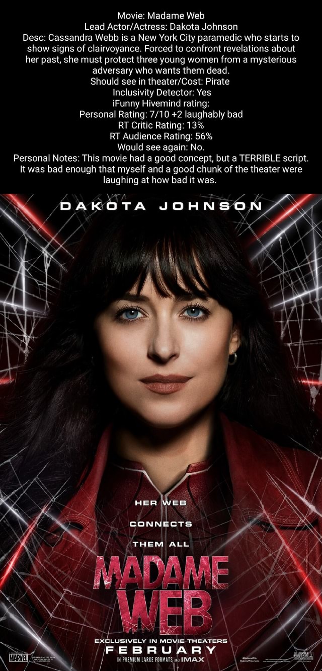 Movie: Madame Web Lead Dakota Johnson Desc: Cassandra Webb is a New ...