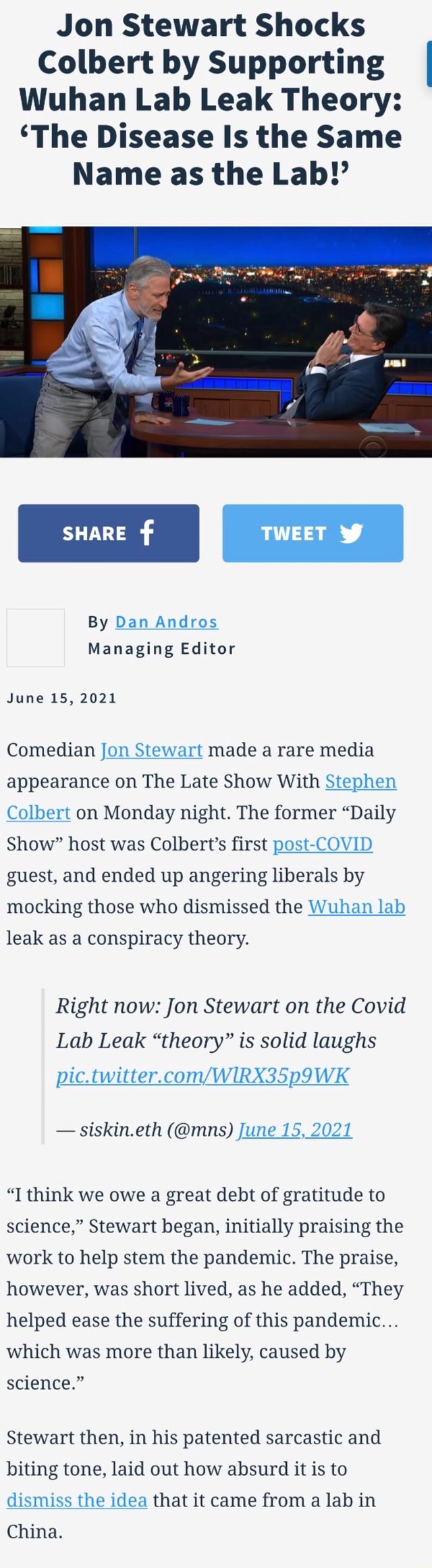 Jon Stewart Shocks Colbert By Supporting Wuhan Lab Leak Theory The 