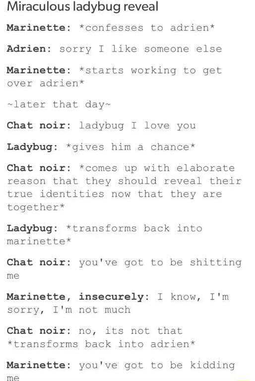 Miraculous Ladybug Reveal Marinette Confesses To Adrlen Adrien Sorry I Like Someone Else Marinette Starts Working To Get Over Adrien Later That Day Chat Noir Ladybug I Love You Ladybug Gives Him