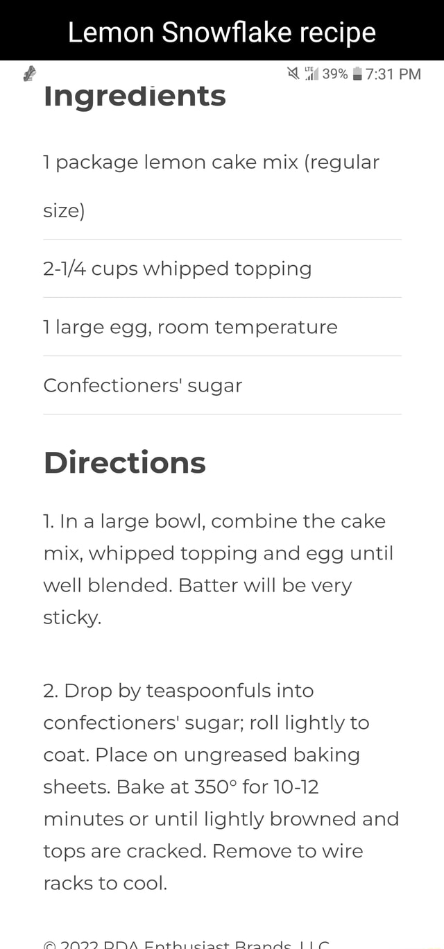 Lemon Snowflake recipe id 39 PM Ingredients package lemon cake mix