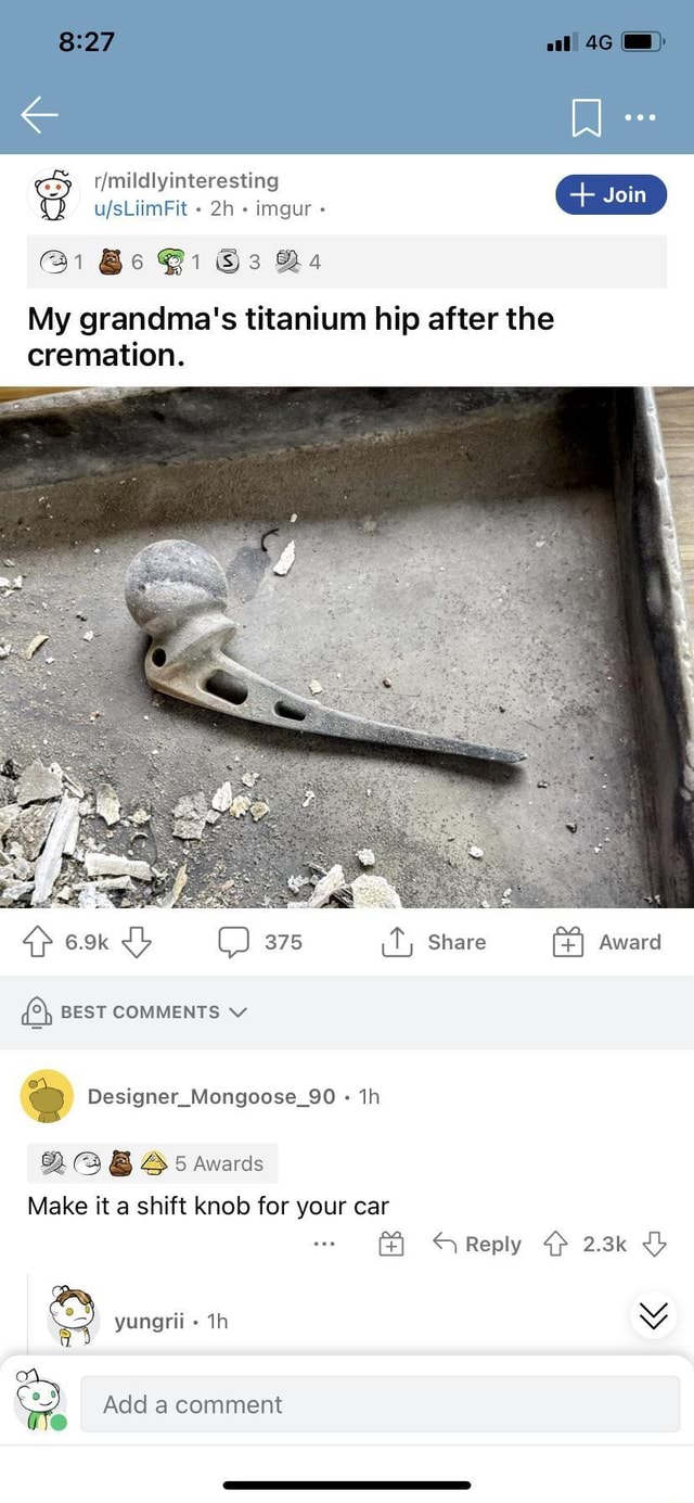 Imgur Si 53 Ra My grandma's titanium hip after the cremation. C) 375 Share Award 6.9k BEST COMMENTS Designer_Mongoose_90 Ql awards Make it a shift knob for your car S Reply 2.3k
