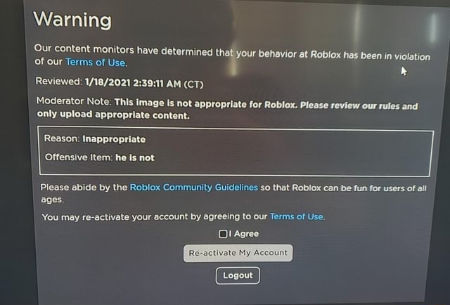 Warning Our Content Monitors Have Determined That Your Behavior At Roblox Has Been In Violation Of Our Terms Of Use H Reviewed Am Ct Moderator Note This Image Is Not Appropriate For - when roblox decides not to be your friend today