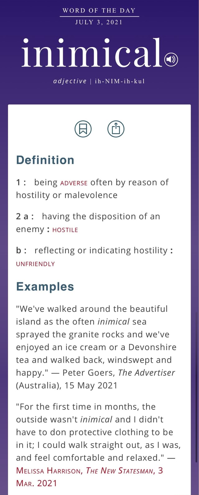 WORD OF THE DAY JULY 3, 2021 Inimicale adjective I ihNIMihkul Al