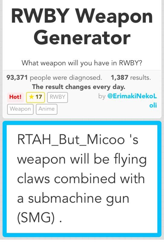 Rwby Weapon Generator What Weapon Wih You Have In Rwby 93 371 People Were Diagnosed 1 387 Results Rtah But Micoo S Weapon Will Be Flying Claws Combined With A Submachine Gun Smg Ifunny