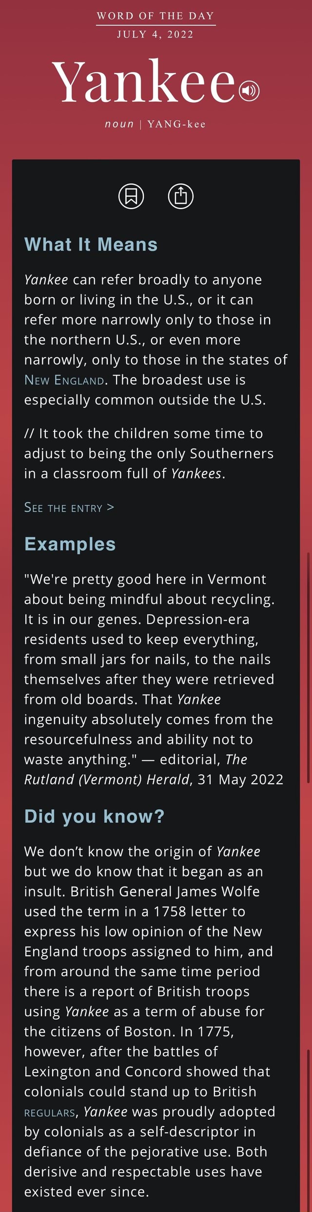 WORD OF THE DAY JULY 4, 2022 Yankee" noun I YANGkee What It Means