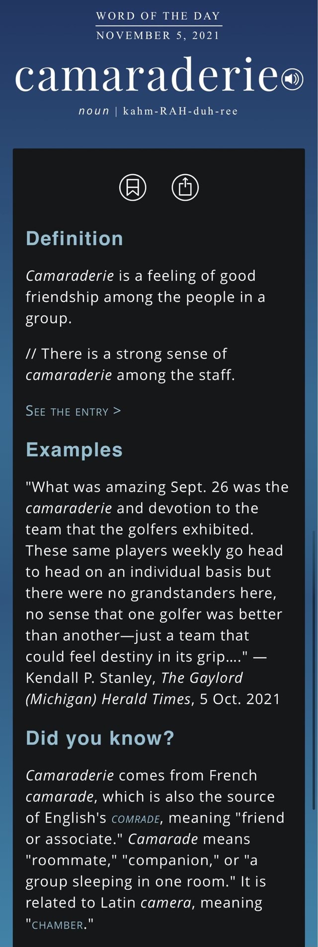 WORD OF THE DAY NOVEMBER 5, 2021 camaraderie noun I kahmRAHduhree