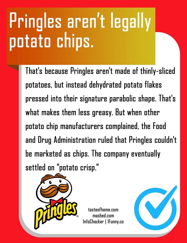 Pringles arent legally potato chips. That's because Pringles aren't