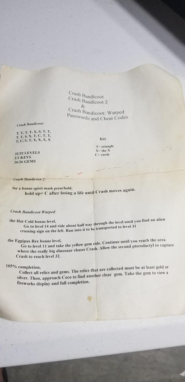 Cra Pay Bandicoot Bandicoot 2 Crash Bandicoot Warped Words and Cheat Codes Crash Bandicoot To