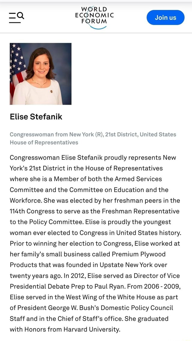 WORLD ECONOMIC Elise Stefanik Congresswoman From New York (R), 21st ...