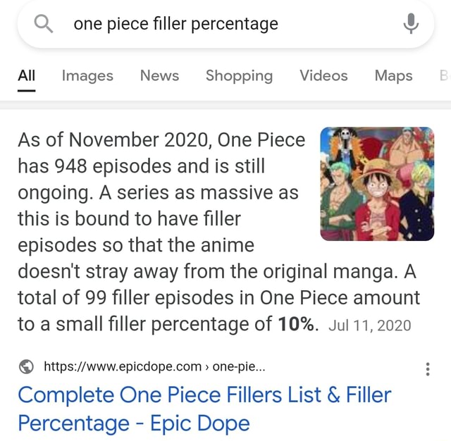 One piece filler percentage All Images News Shopping Videos Maps As of